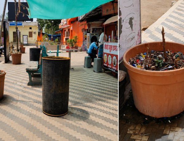बम्बू गाड़कर छांव के लिए किया जा रहा पालिका के लगाए गमले का उपयोग