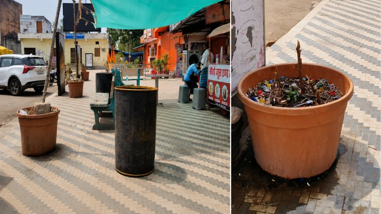बम्बू गाड़कर छांव के लिए किया जा रहा पालिका के लगाए गमले का उपयोग
